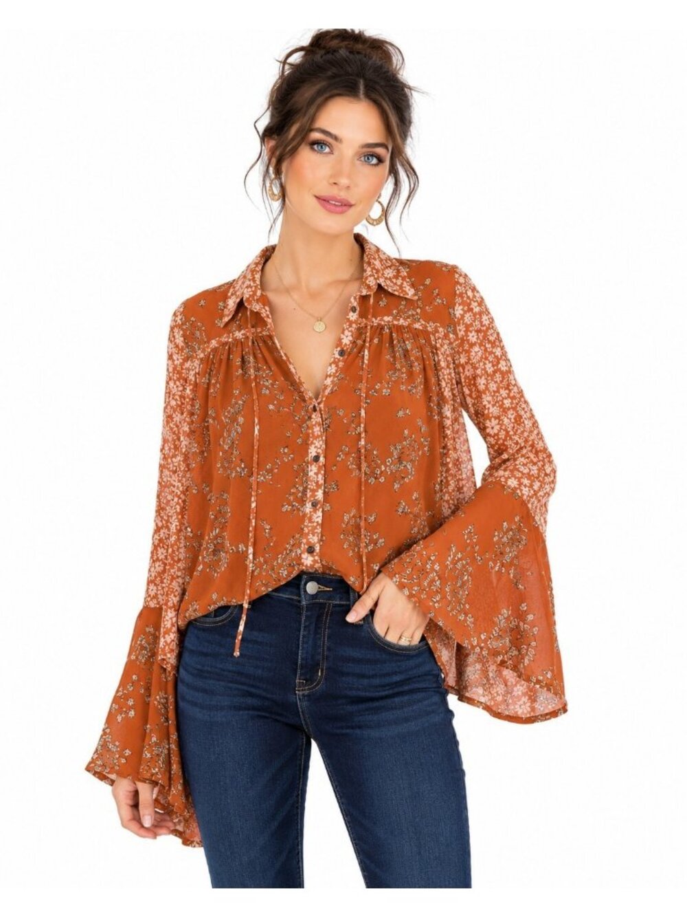 Free People We Free Floral Bell Sleeve Blouse Women's Small Boho Peasant Sz S